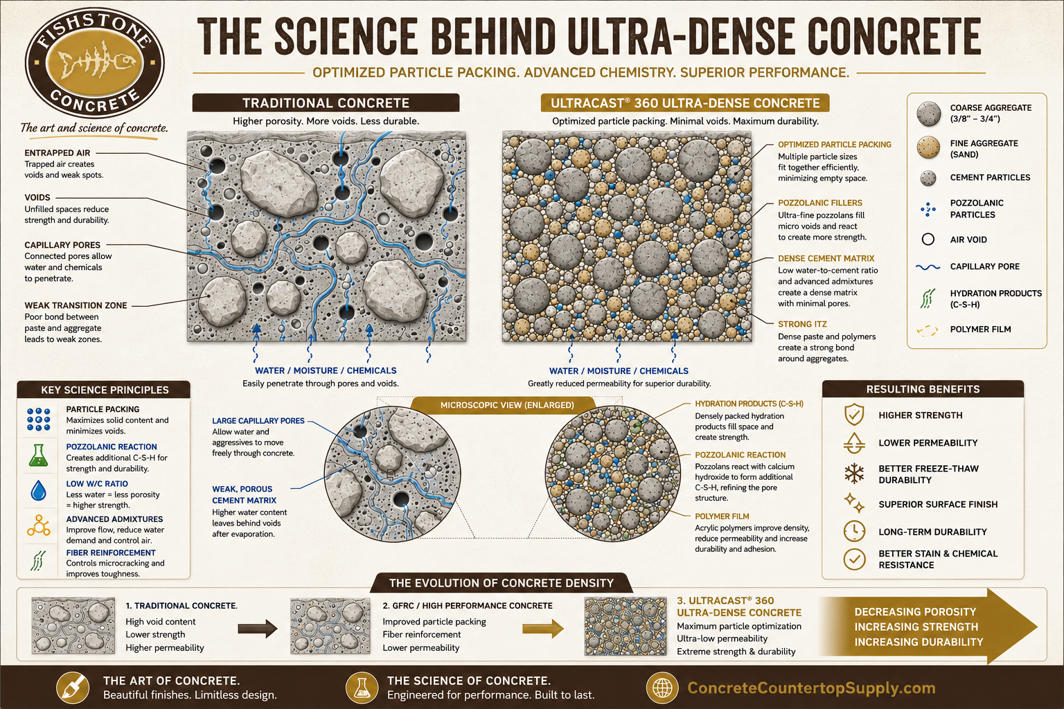 Ultra-dense concrete diagram Diagram comparing traditional concrete and UltraCast® 360 ultra-dense concrete showing particle packing, reduced voids, improved durability, and high-performance concrete technology.